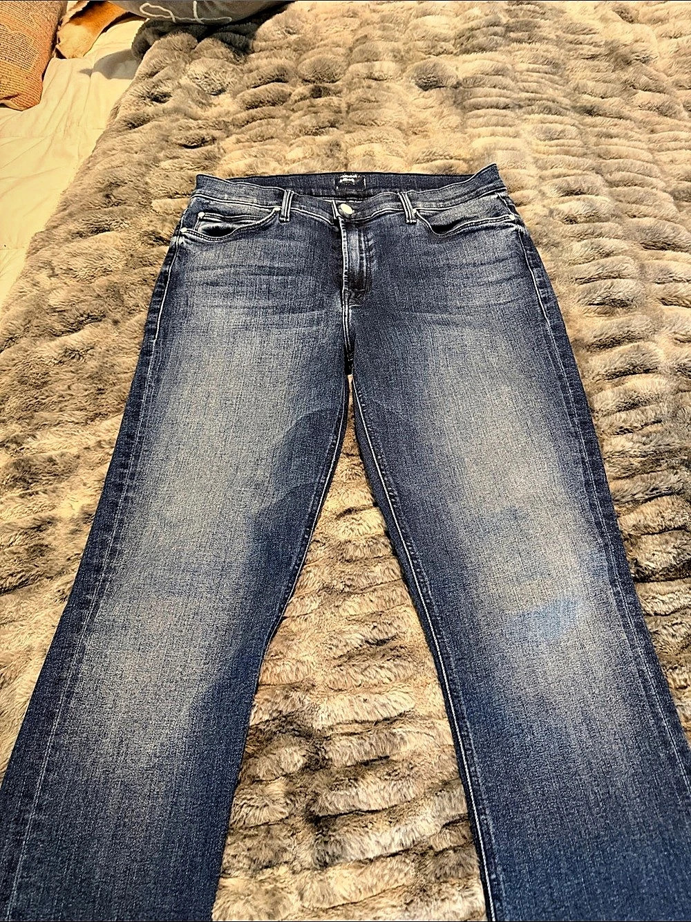 Mother The Runaway Step Fray Boot Cut Jeans in Dark Blue Mid Rise Waist 31